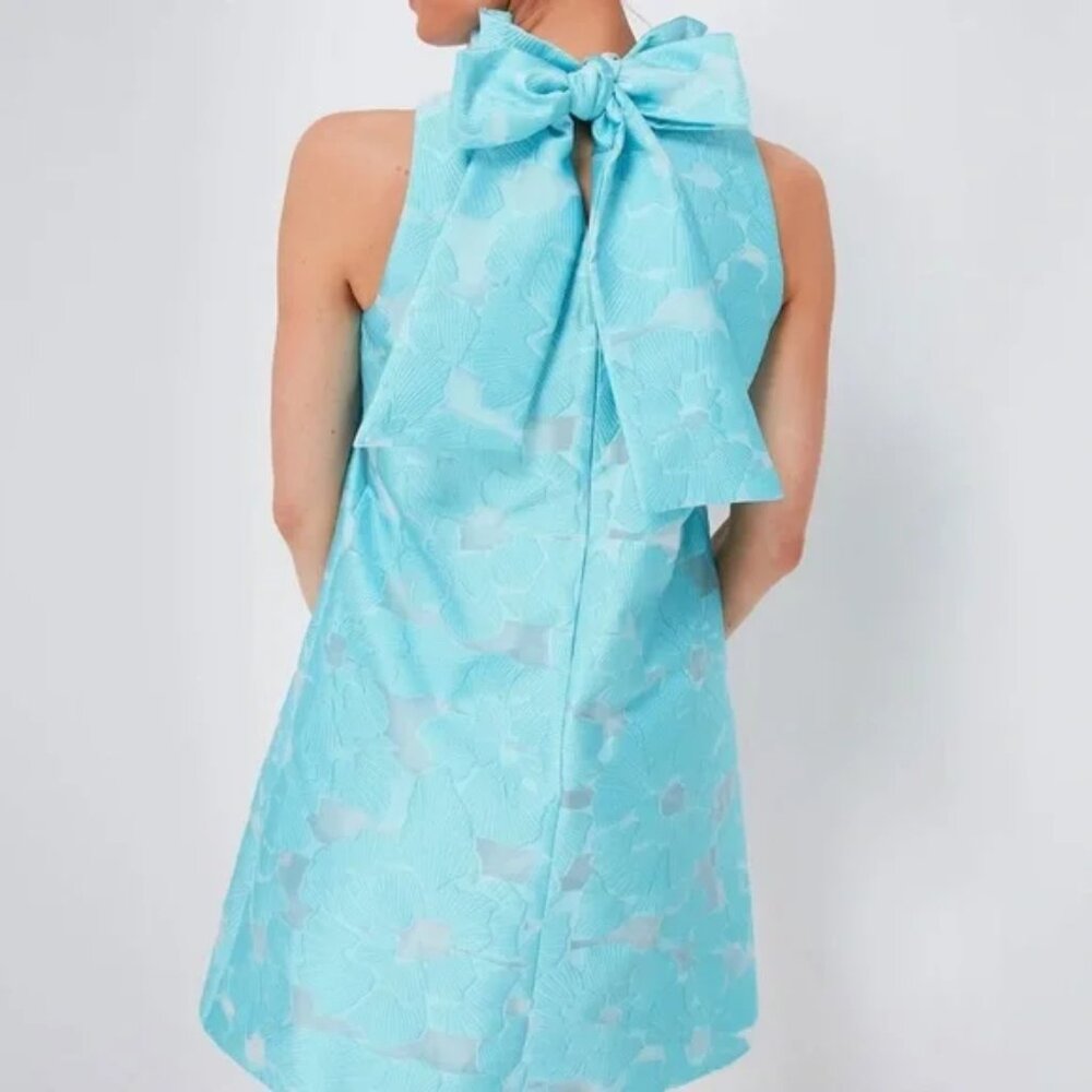 Tuckernuck Cyan Fil Coupe Jacquard Tie Neck Ruffle Blythe Dress S